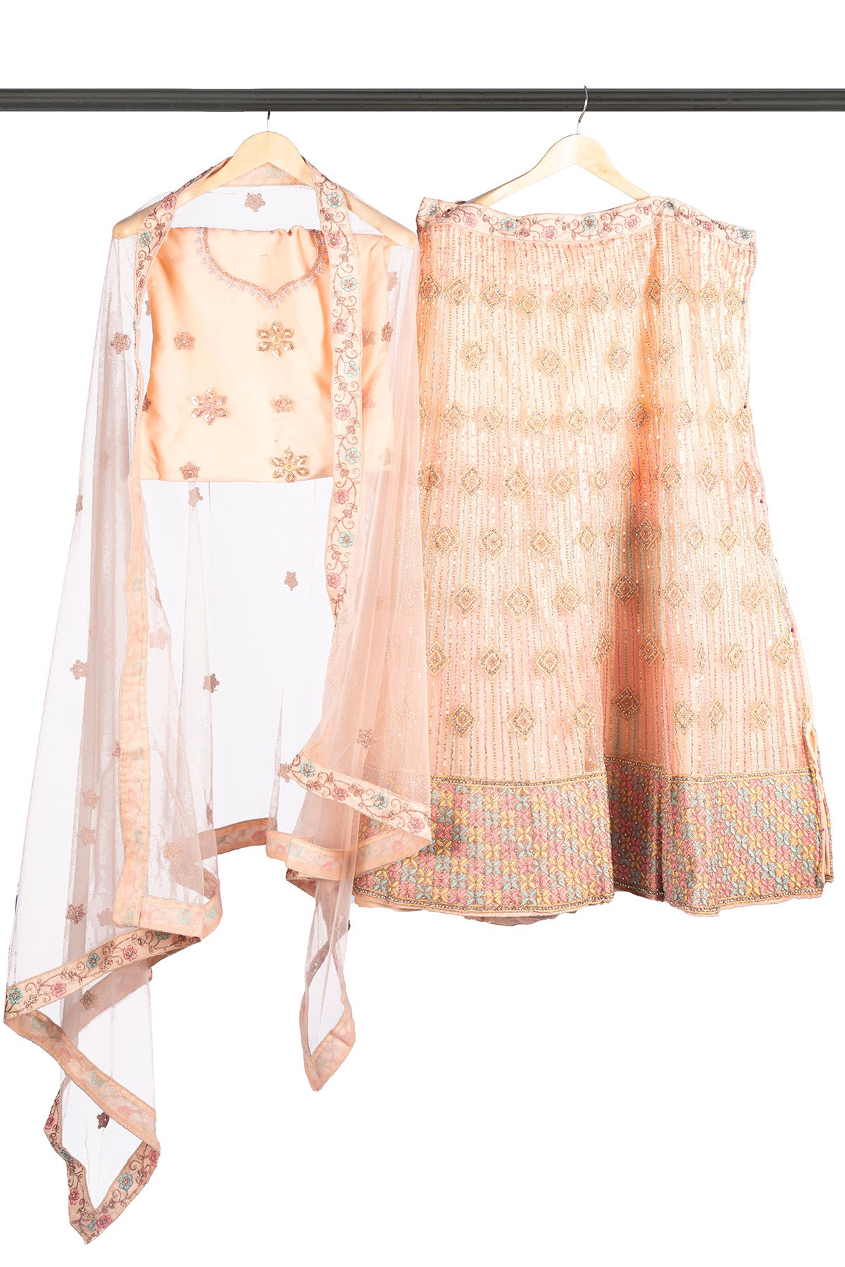 Silakaari Maghroor Peach Multi-Color Pure Net Zari Dimond Party Wear Unstitched Lehenga Set