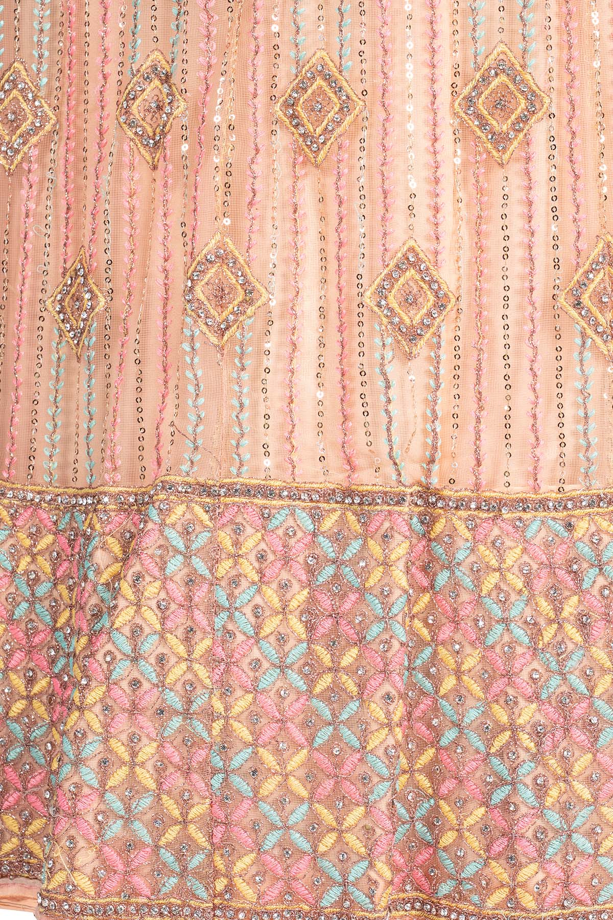 Silakaari Maghroor Peach Multi-Color Pure Net Zari Dimond Party Wear Unstitched Lehenga Set