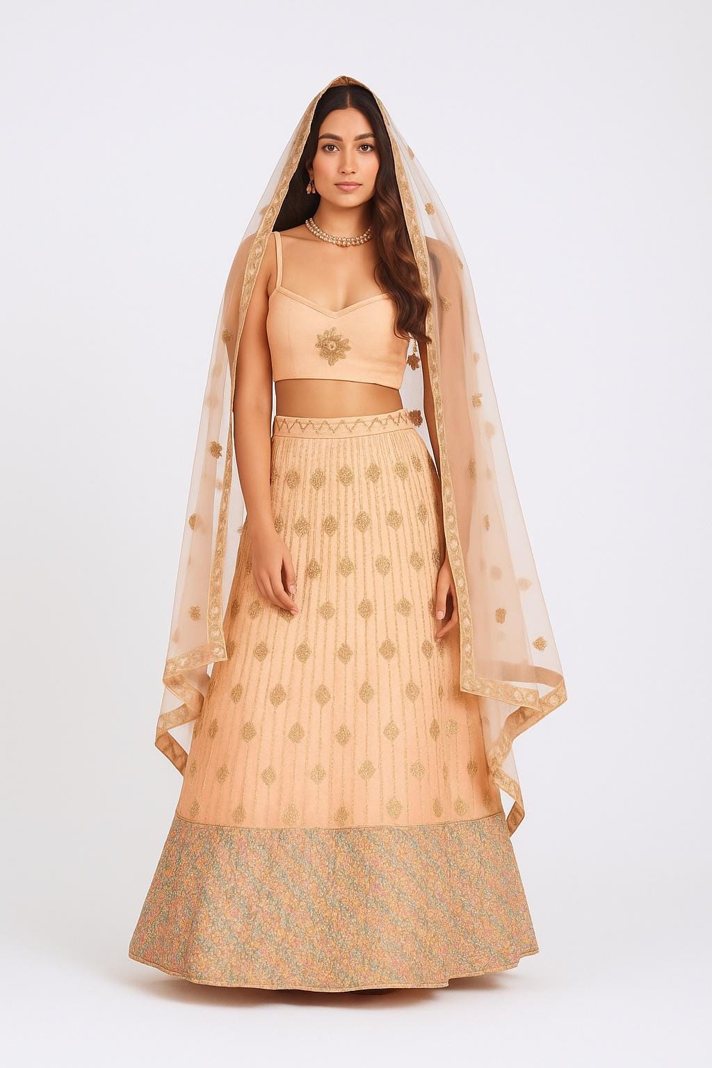Silakaari Maghroor Peach Multi-Color Pure Net Zari Dimond Party Wear Unstitched Lehenga Set