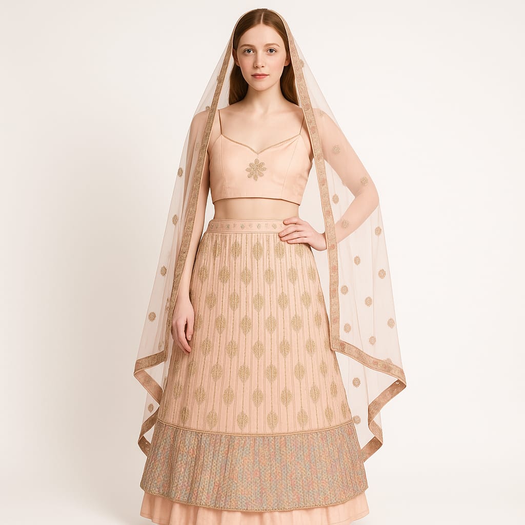 Silakaari Maghroor Peach Multi-Color Pure Net Zari Dimond Party Wear Unstitched Lehenga Set