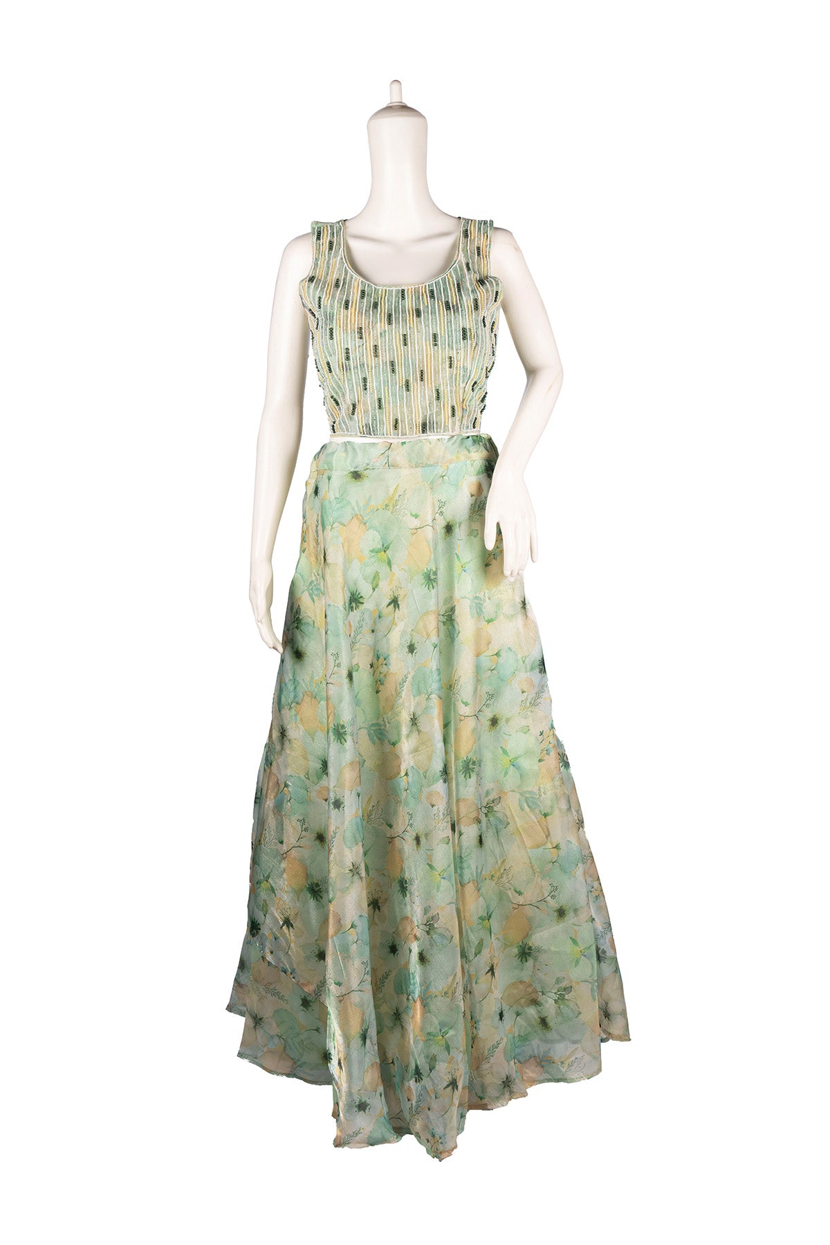 Silakaari Light Green Lime Pearl finish Organza Party Wear Lehenga Sharara set