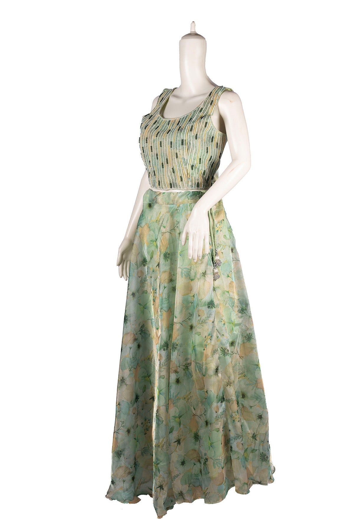 Silakaari Light Green Lime Pearl finish Organza Party Wear Lehenga Sharara set