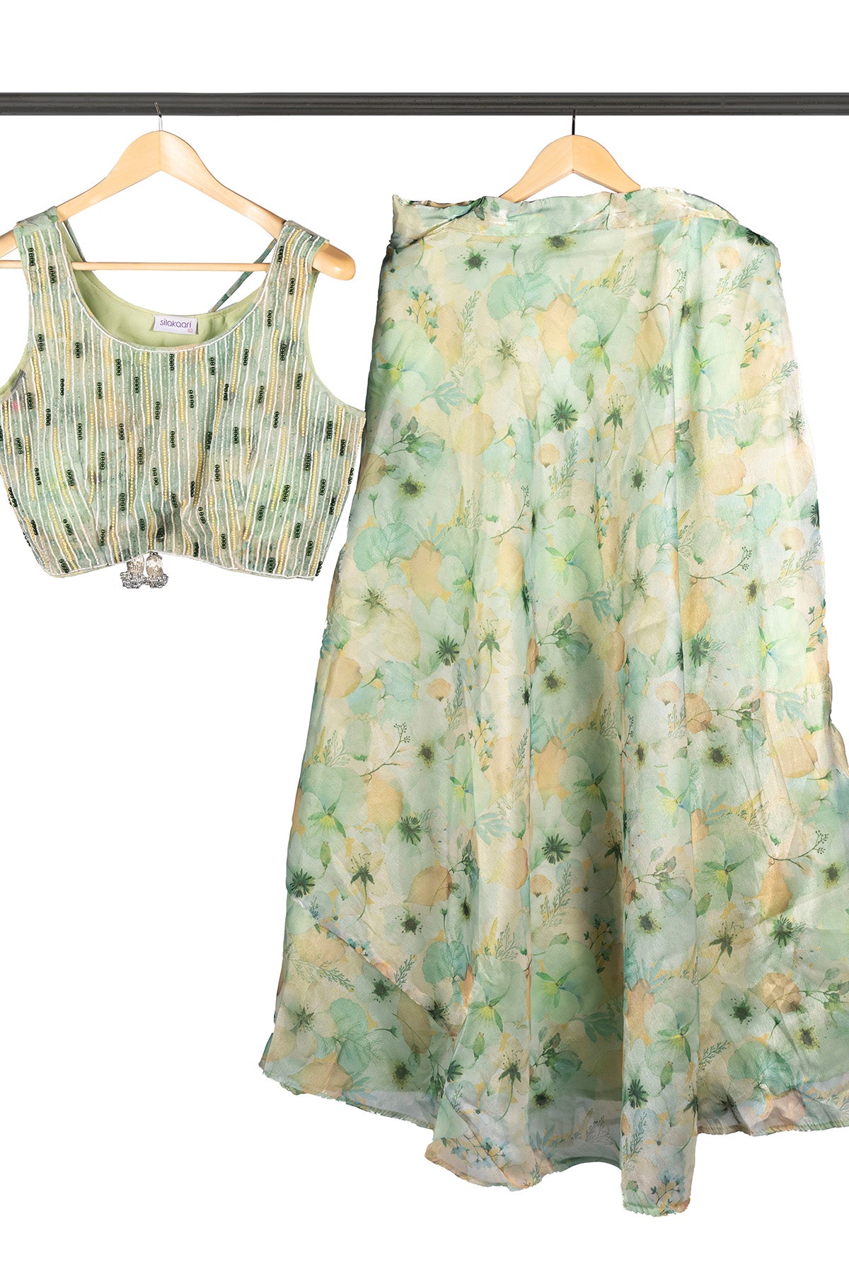 Silakaari Light Green Lime Pearl finish Organza Party Wear Lehenga Sharara set