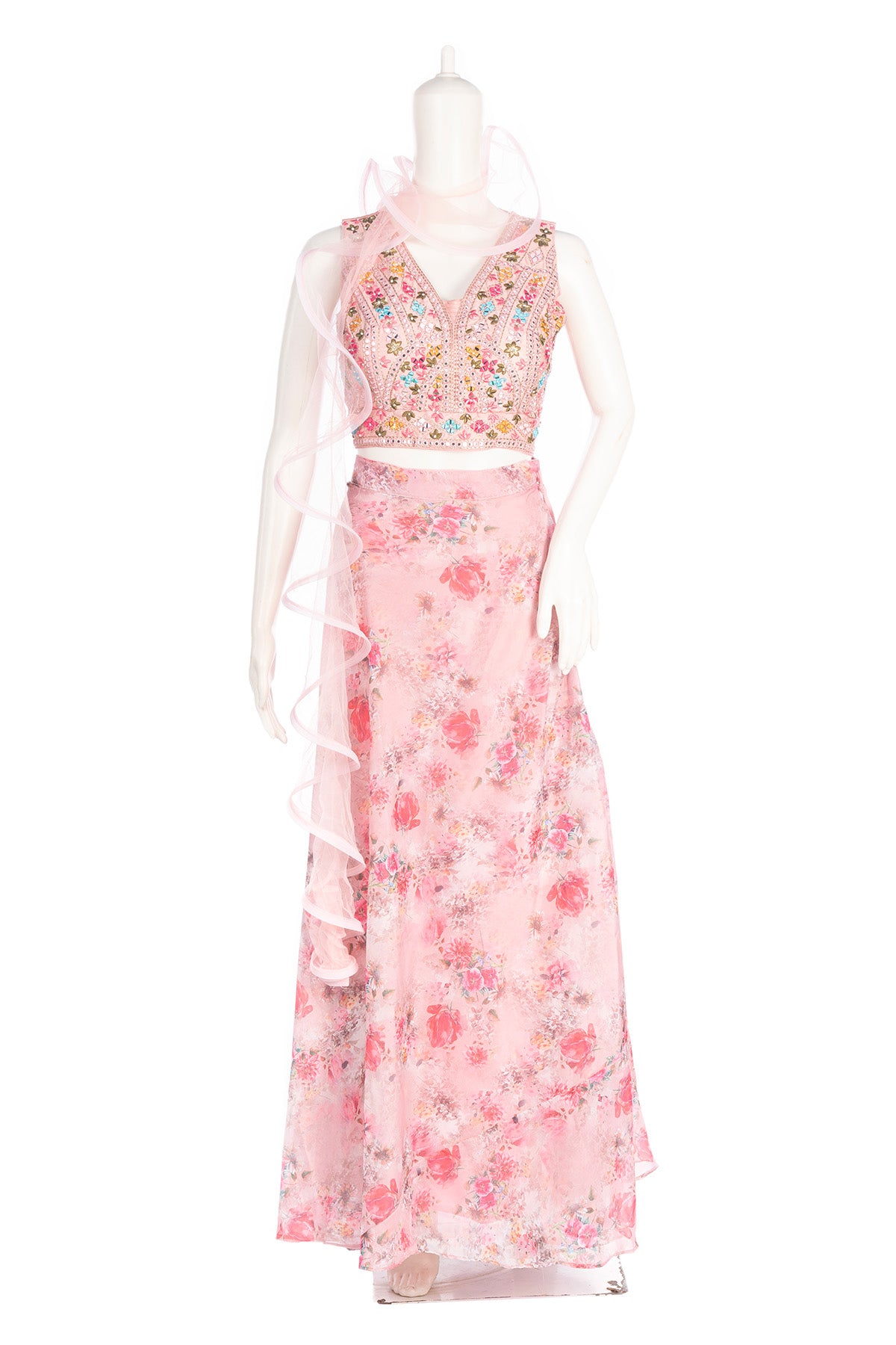 Silakaari Pink Organza Rose Floral Party Wear Lehenga Sharara set