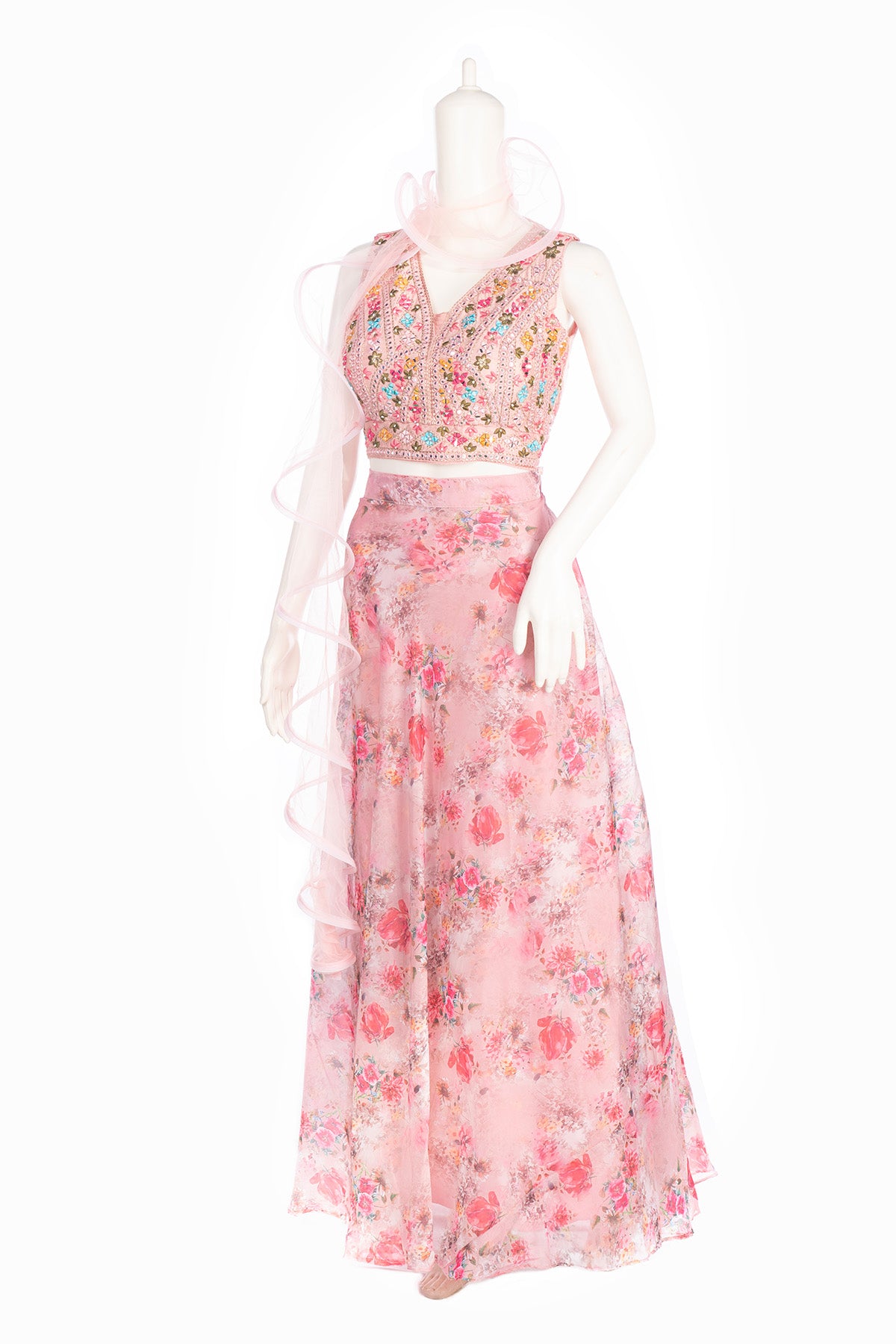 Silakaari Pink Organza Rose Floral Party Wear Lehenga Sharara set