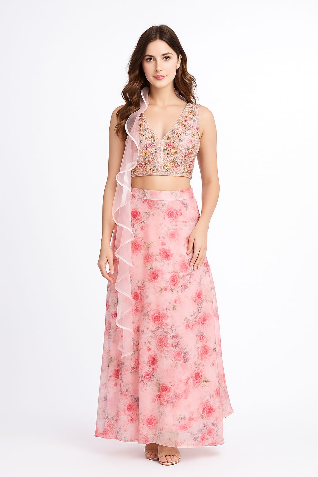 Silakaari Pink Organza Rose Floral Party Wear Lehenga Sharara set