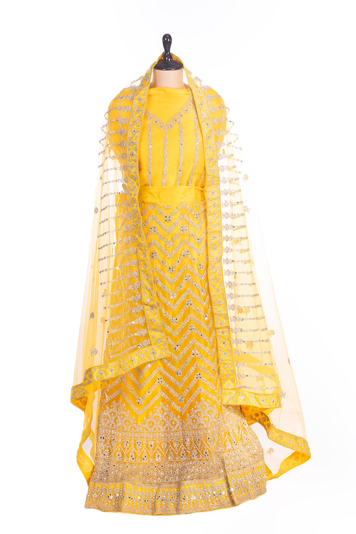Silakaari Haldi Sun Yellow Zari Dimond Thread Work Net Party Wear Unstitched Lehenga Set