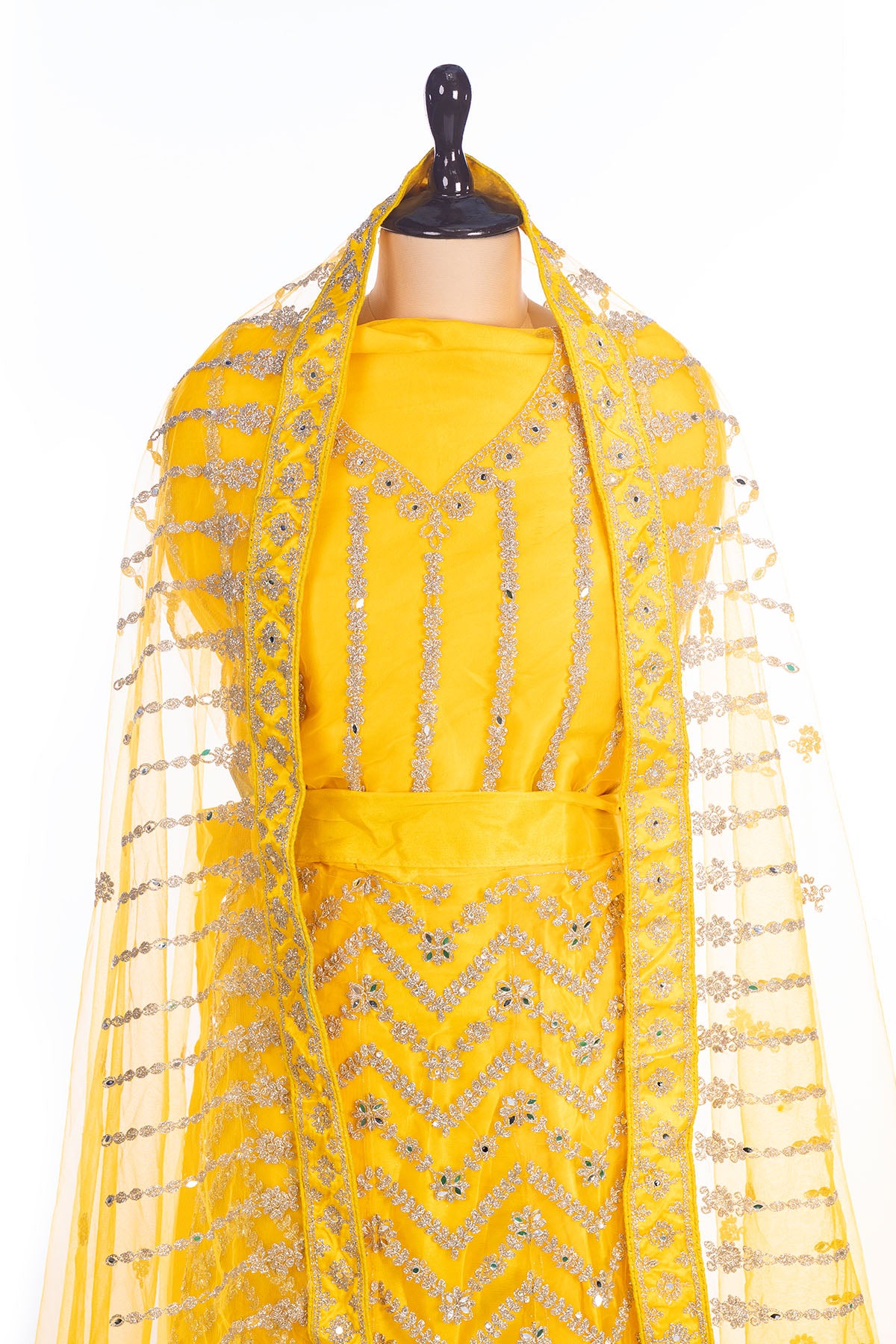 Silakaari Haldi Sun Yellow Zari Dimond Thread Work Net Party Wear Unstitched Lehenga Set