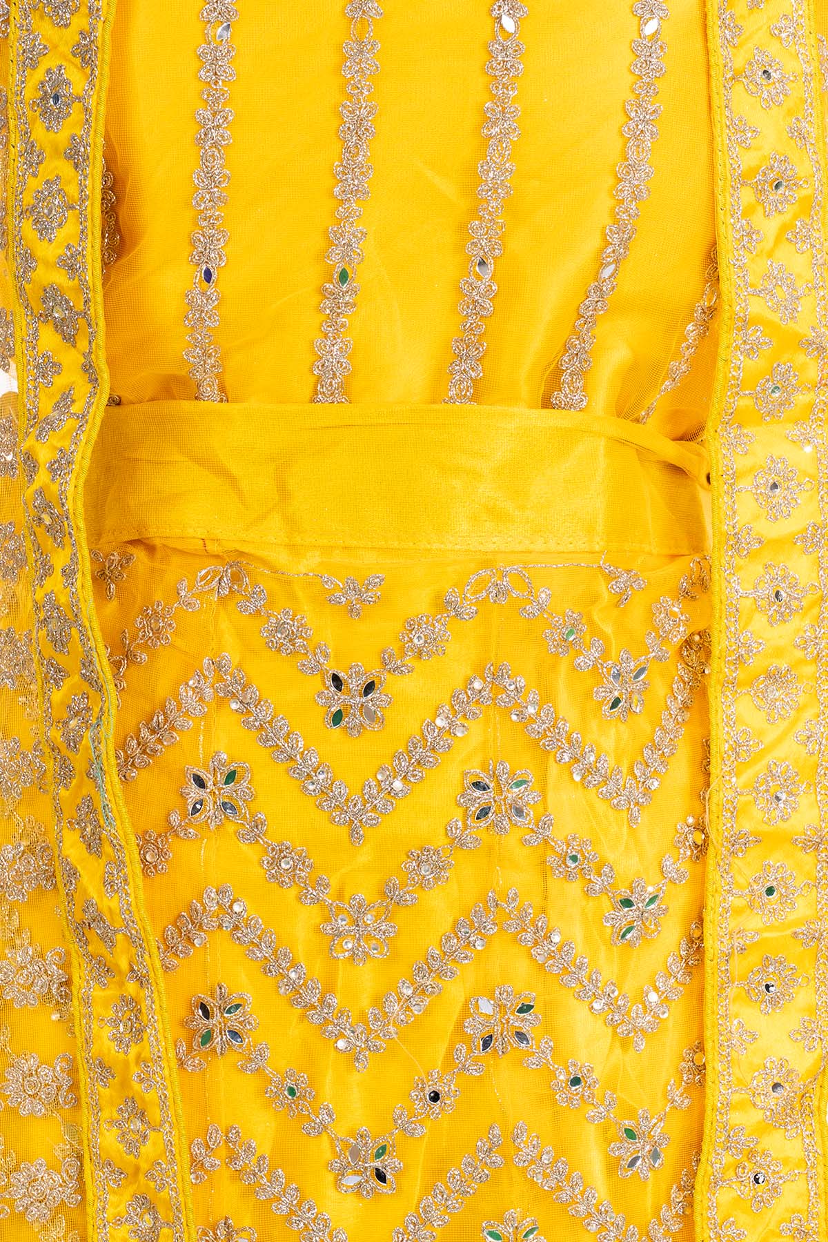 Silakaari Haldi Sun Yellow Zari Dimond Thread Work Net Party Wear Unstitched Lehenga Set