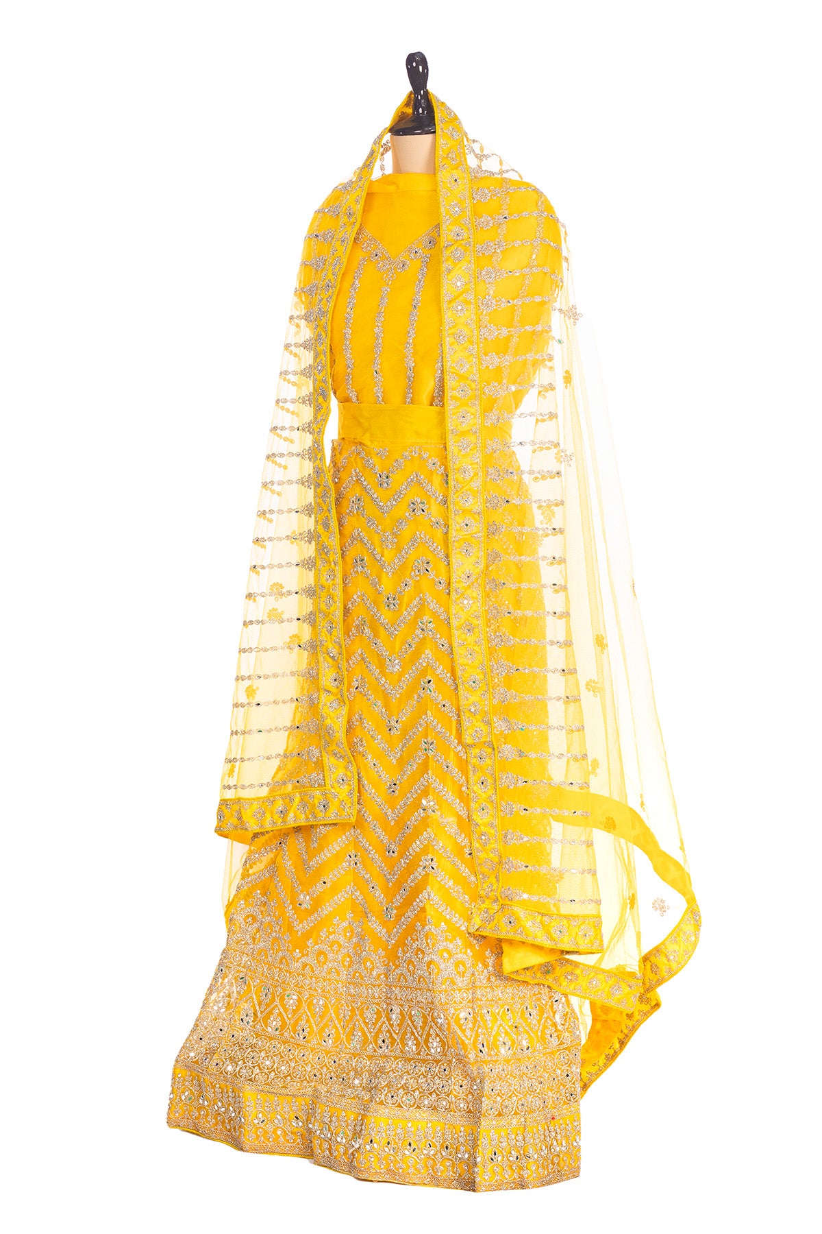 Silakaari Haldi Sun Yellow Zari Dimond Thread Work Net Party Wear Unstitched Lehenga Set