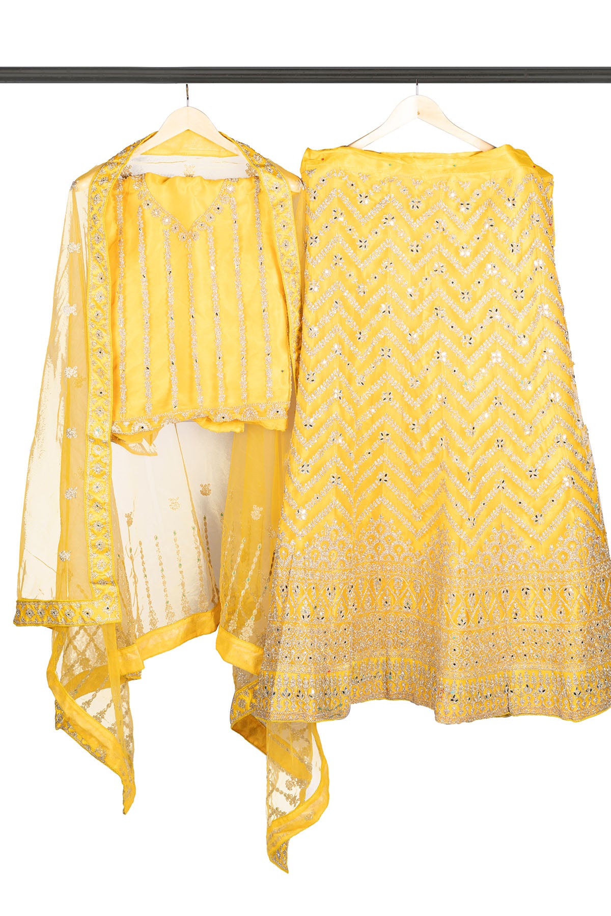 Silakaari Haldi Sun Yellow Zari Dimond Thread Work Net Party Wear Unstitched Lehenga Set