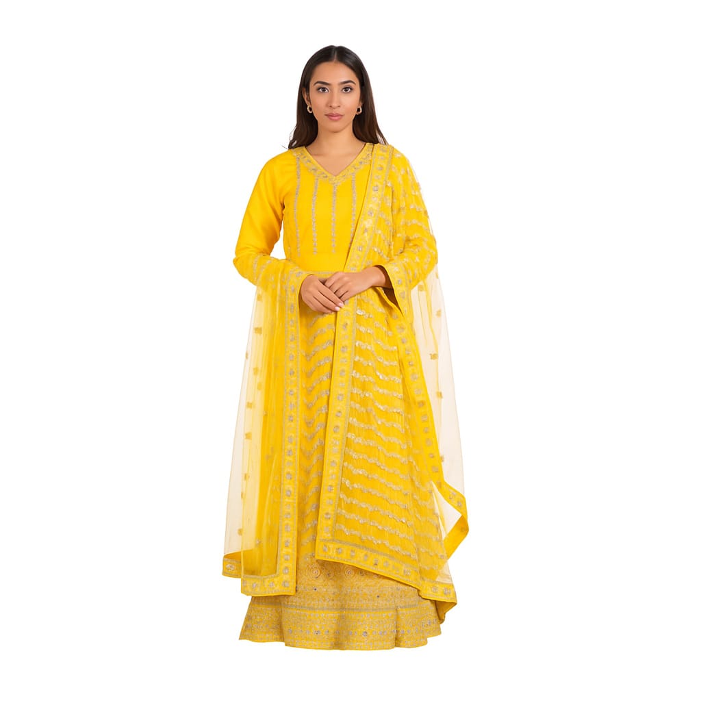 Silakaari Haldi Sun Yellow Zari Dimond Thread Work Net Party Wear Unstitched Lehenga Set