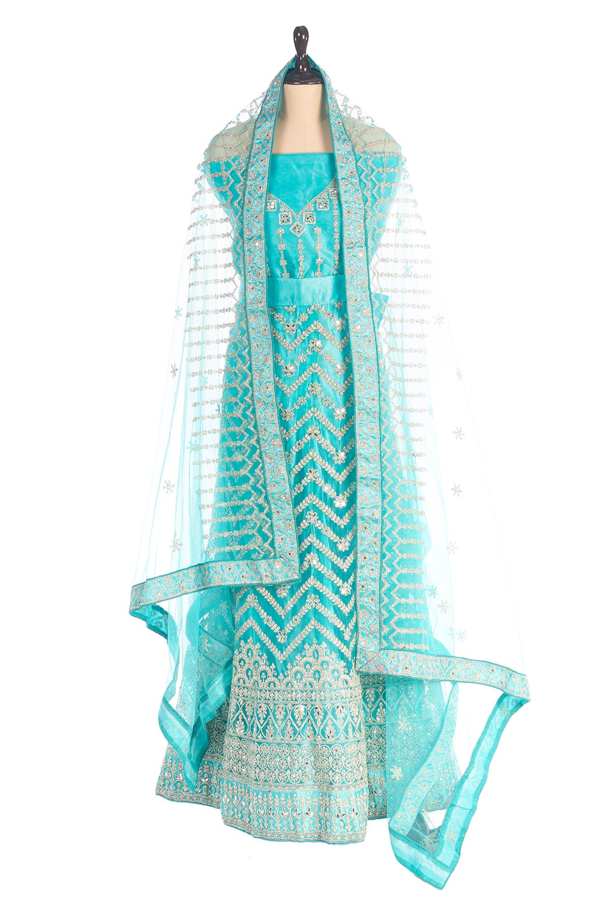 Silakaari Ferozi Zari Dimond Thread Work Net Party Wear Unstitched Lehenga Set