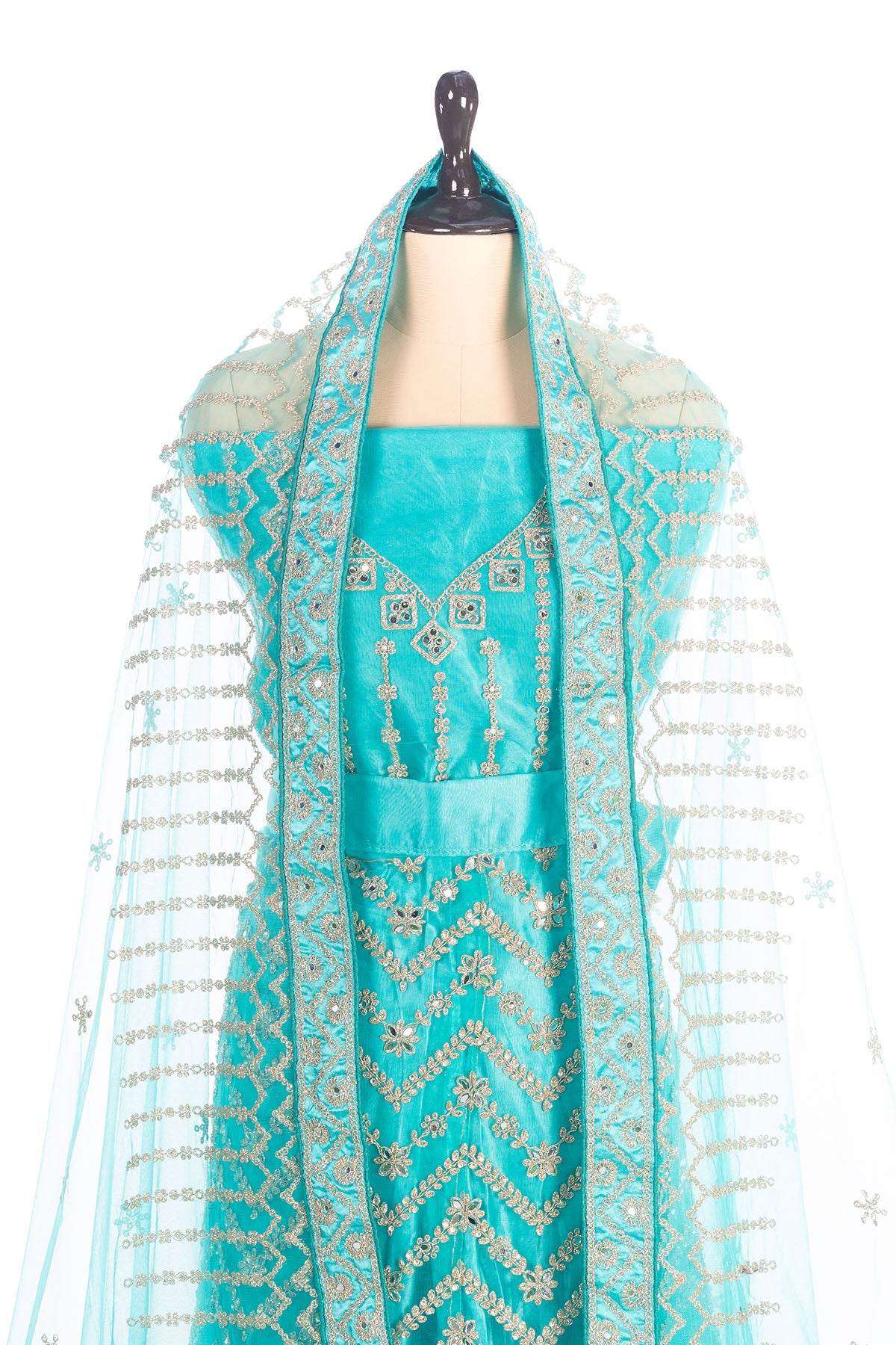 Silakaari Ferozi Zari Dimond Thread Work Net Party Wear Unstitched Lehenga Set