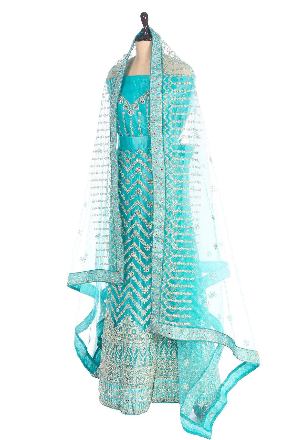 Silakaari Ferozi Zari Dimond Thread Work Net Party Wear Unstitched Lehenga Set