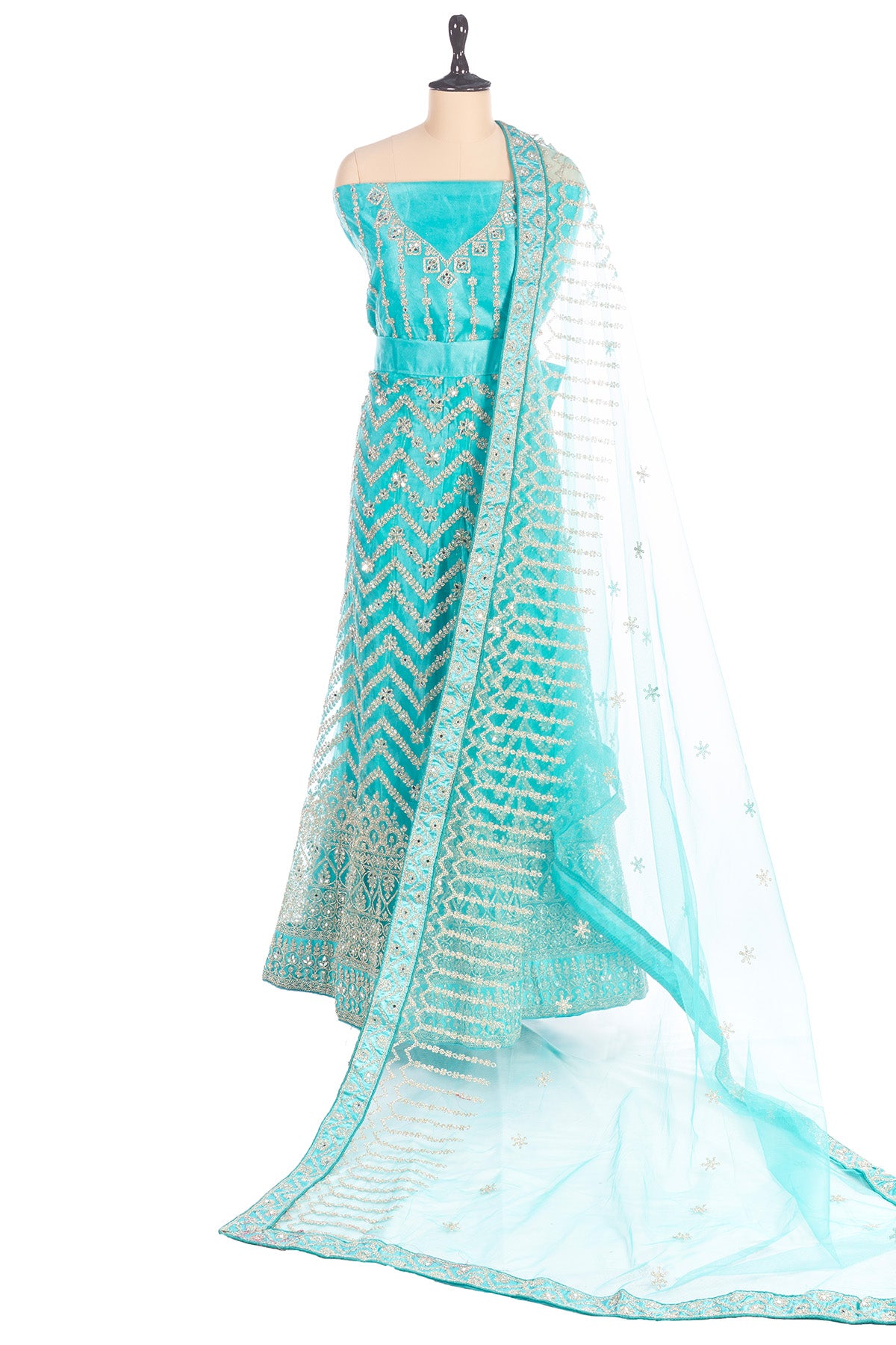 Silakaari Ferozi Zari Dimond Thread Work Net Party Wear Unstitched Lehenga Set