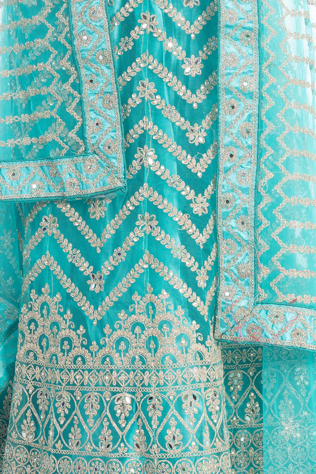 Silakaari Ferozi Zari Dimond Thread Work Net Party Wear Unstitched Lehenga Set