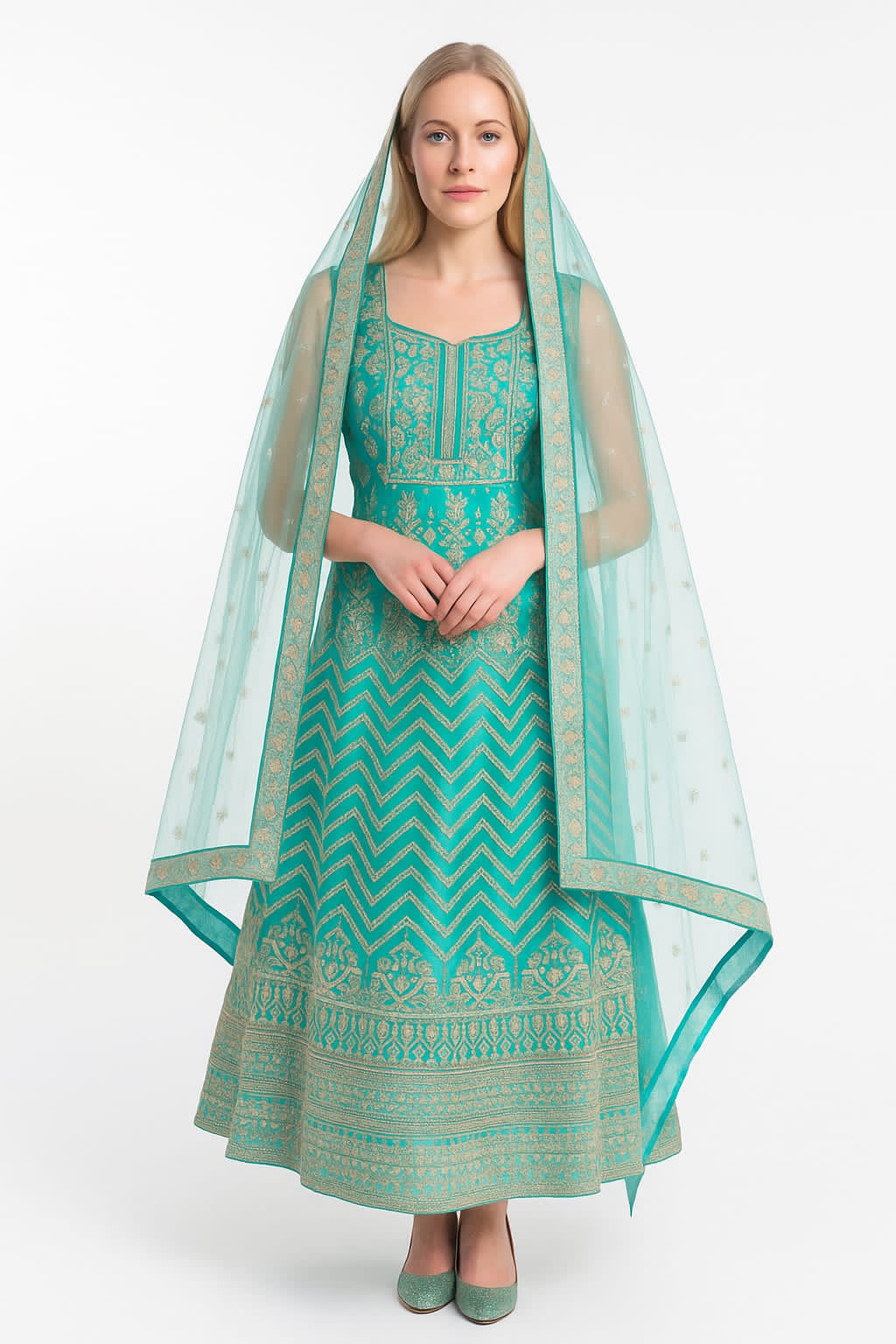 Silakaari Ferozi Zari Dimond Thread Work Net Party Wear Unstitched Lehenga Set