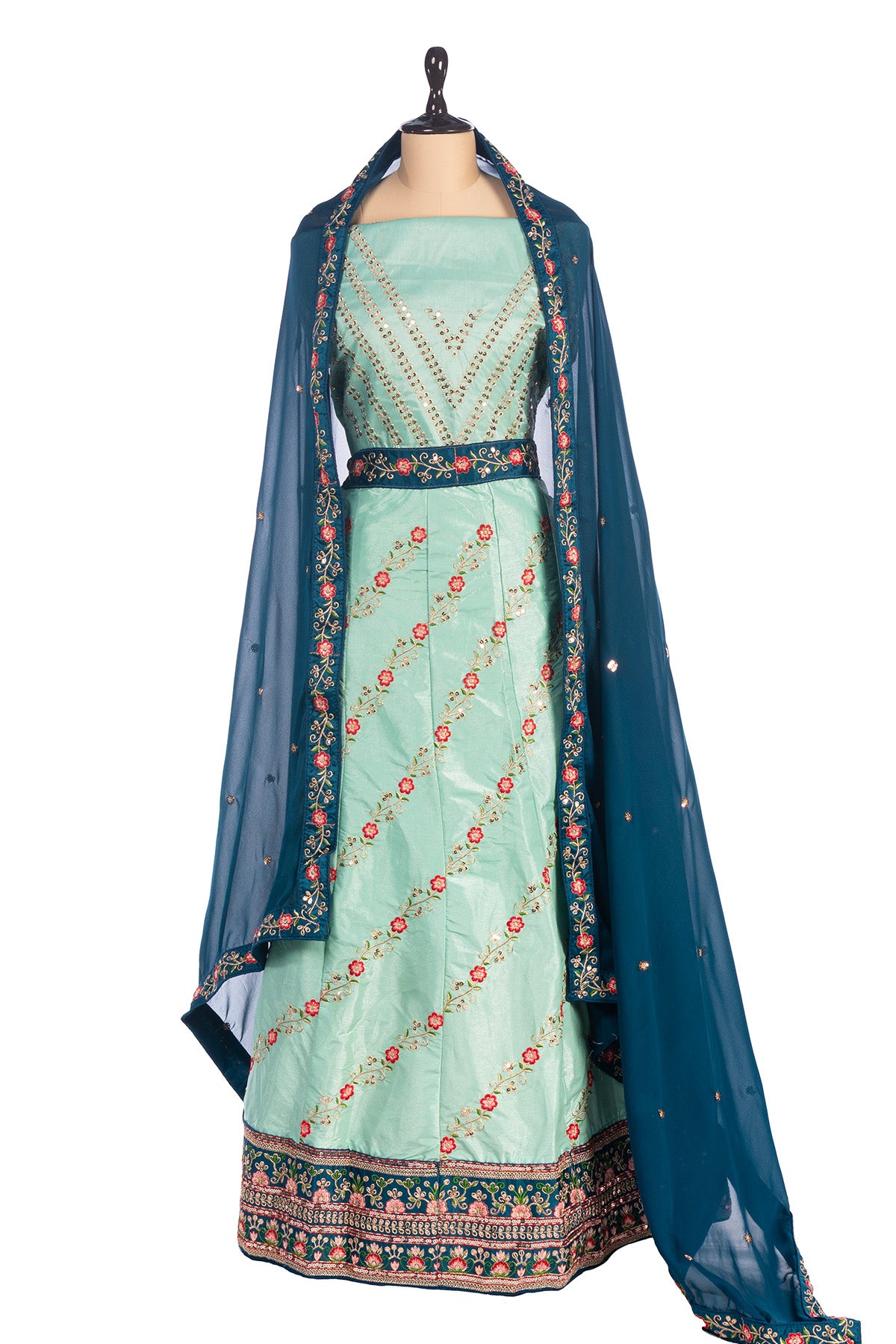 Silakaari Mehdood Teal Green Heavy Embroidery Sequin Border Silk Unstitched Lehenga Set