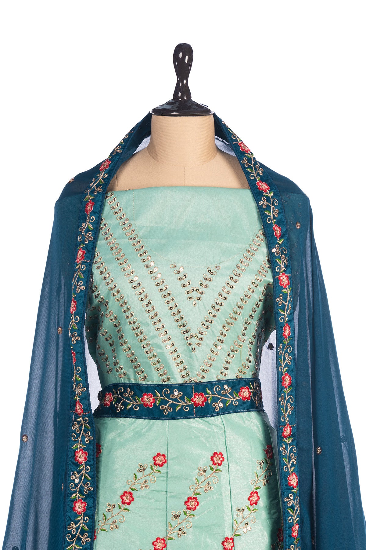 Silakaari Mehdood Teal Green Heavy Embroidery Sequin Border Silk Unstitched Lehenga Set