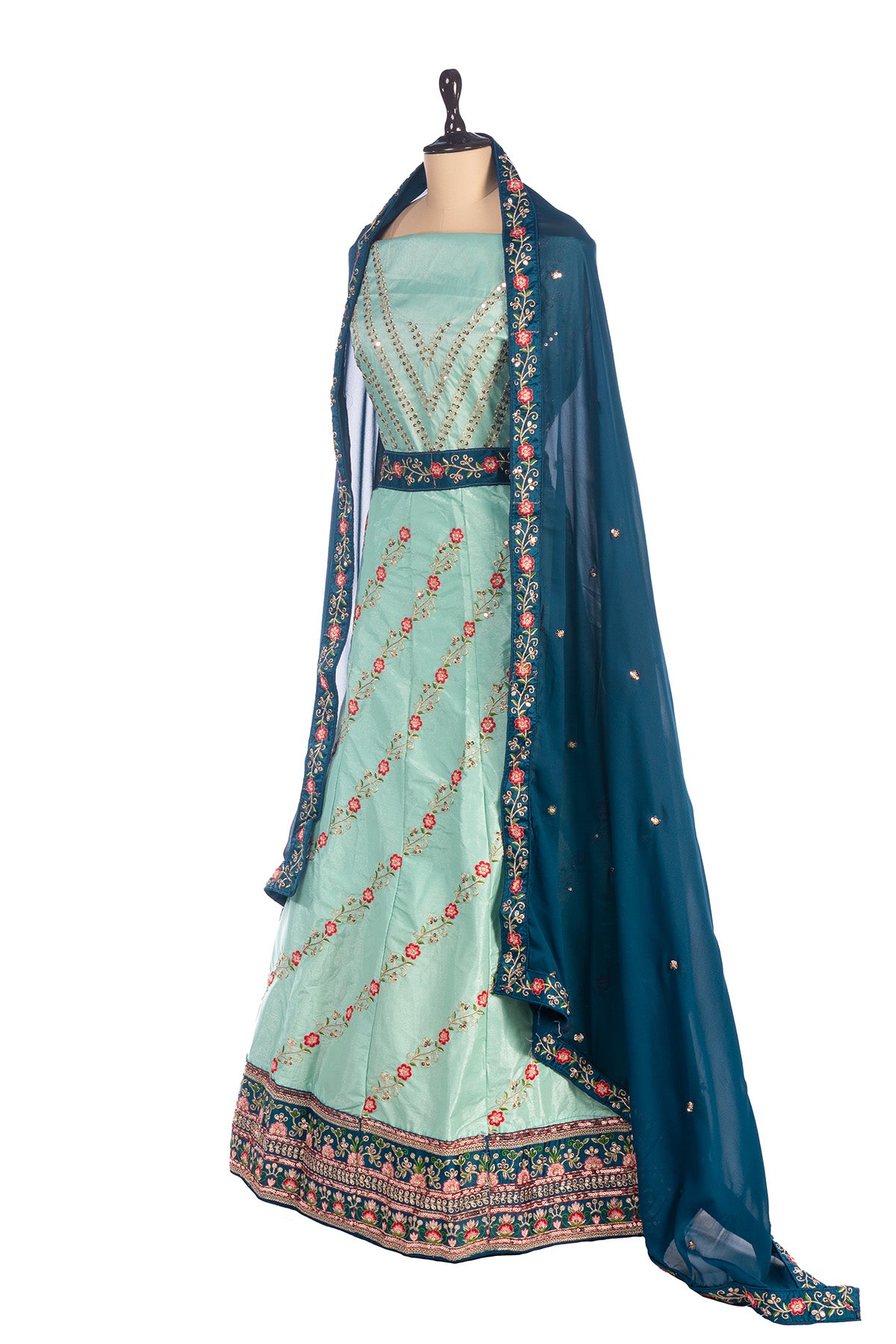 Silakaari Mehdood Teal Green Heavy Embroidery Sequin Border Silk Unstitched Lehenga Set