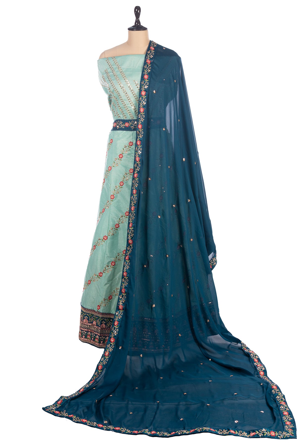 Silakaari Mehdood Teal Green Heavy Embroidery Sequin Border Silk Unstitched Lehenga Set