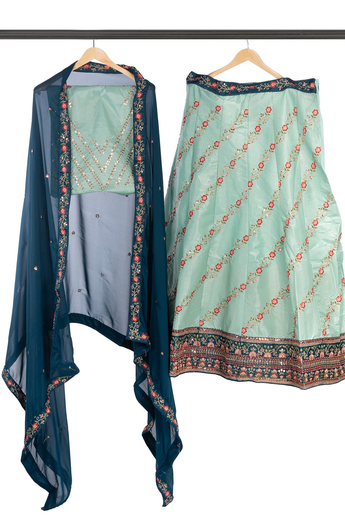 Silakaari Mehdood Teal Green Heavy Embroidery Sequin Border Silk Unstitched Lehenga Set