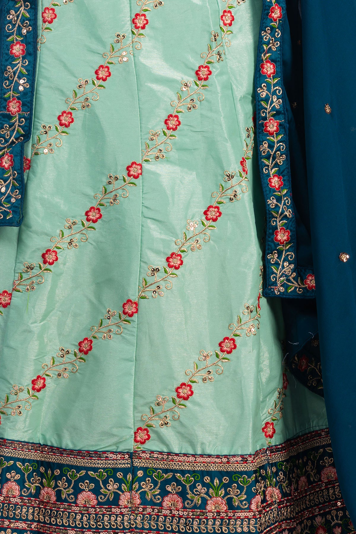 Silakaari Mehdood Teal Green Heavy Embroidery Sequin Border Silk Unstitched Lehenga Set