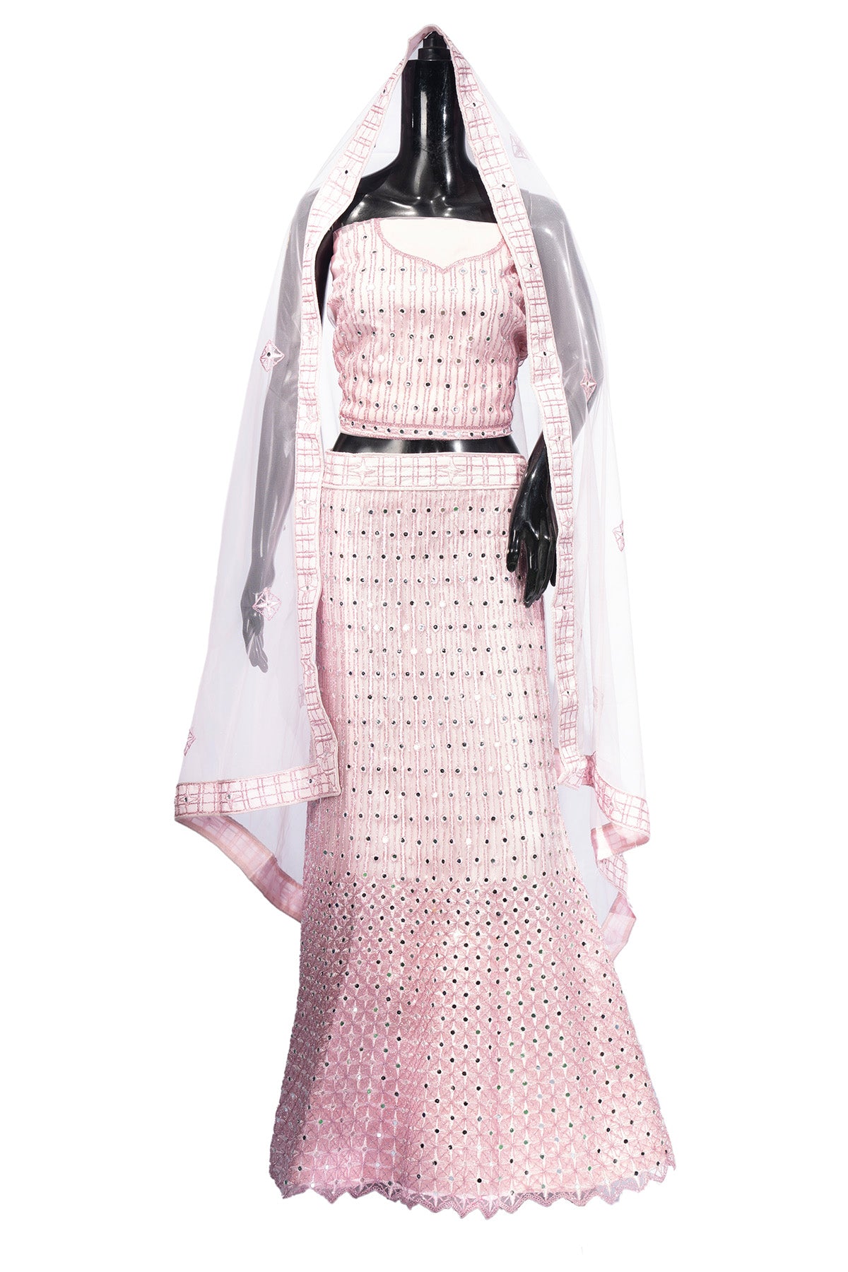 Silakaari Pure Net Mirror Pink Zari Work Unstitched Lehenga Set