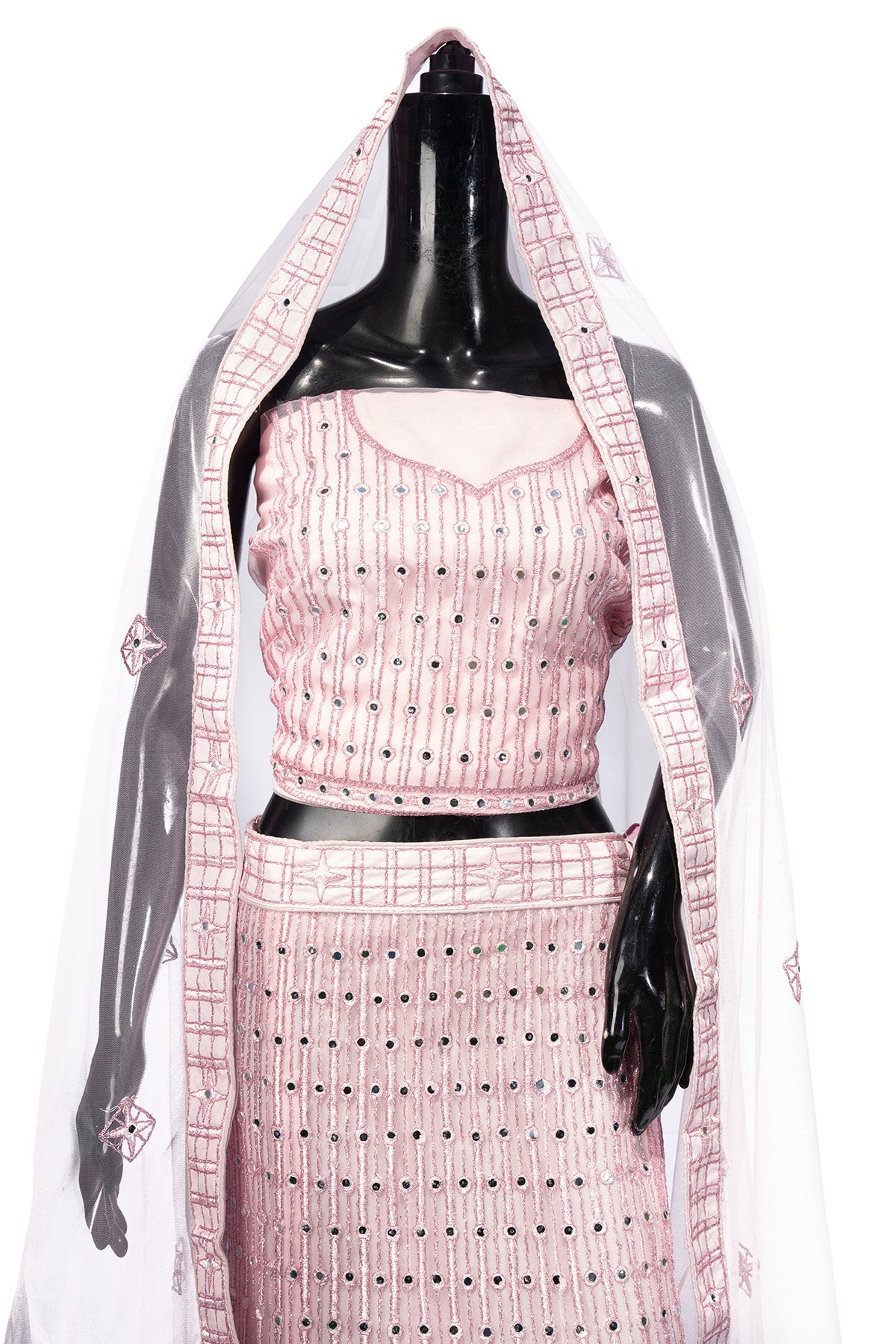 Silakaari Pure Net Mirror Pink Zari Work Unstitched Lehenga Set