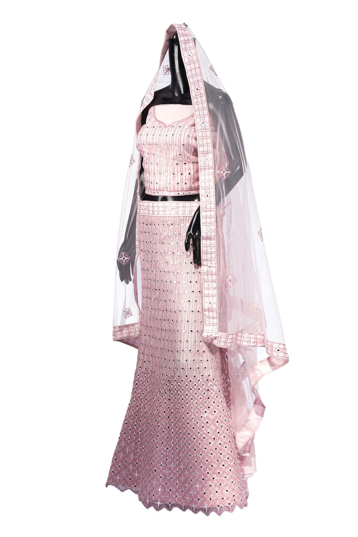 Silakaari Pure Net Mirror Pink Zari Work Unstitched Lehenga Set