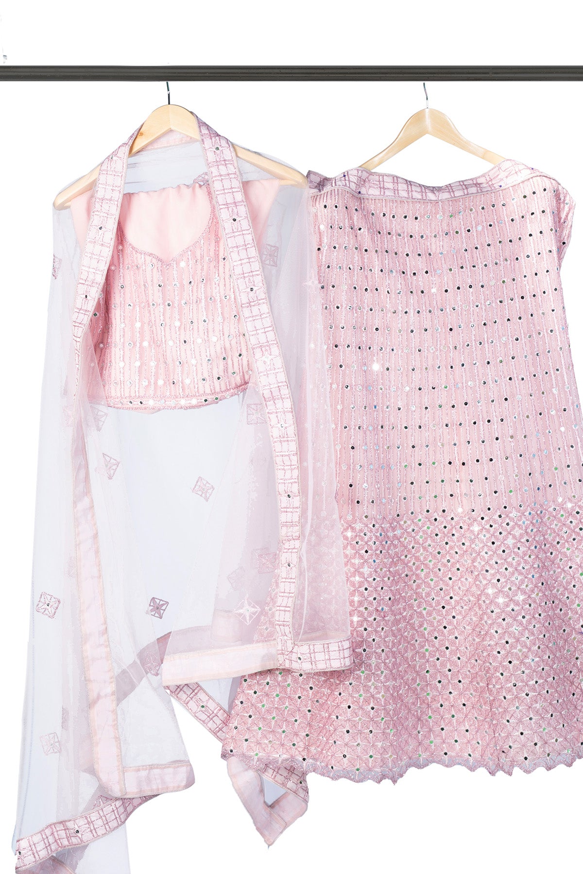 Silakaari Pure Net Mirror Pink Zari Work Unstitched Lehenga Set