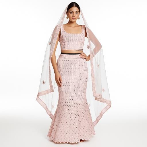 Silakaari Pure Net Mirror Pink Zari Work Unstitched Lehenga Set