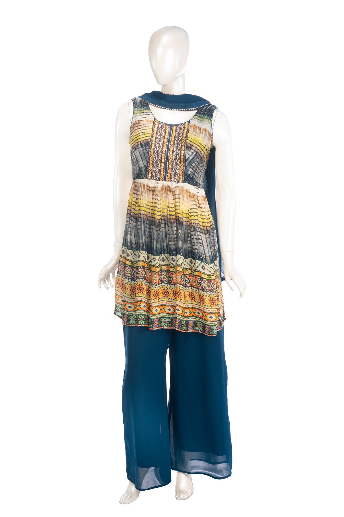 Silakaari Shehnaaz Teal Blue Mirror Front Panel Chinon Garara Set With Dupatta