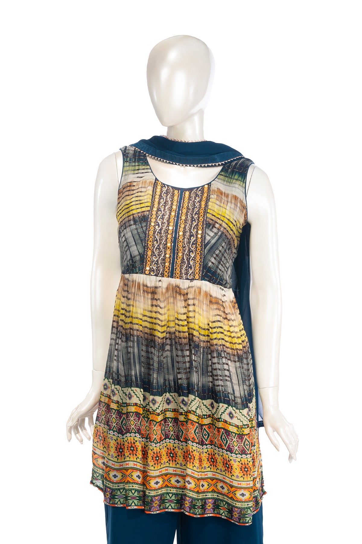 Silakaari Shehnaaz Teal Blue Mirror Front Panel Chinon Garara Set With Dupatta