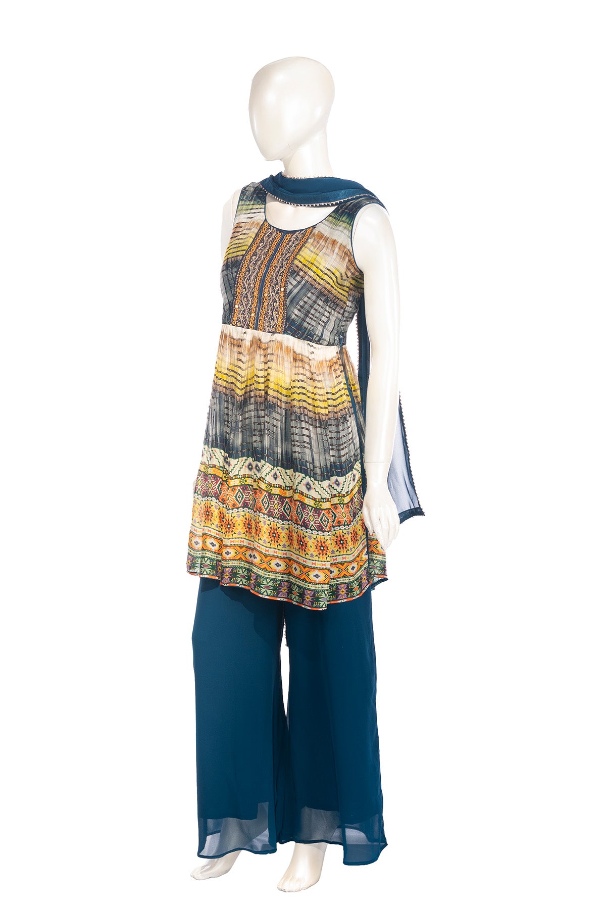 Silakaari Shehnaaz Teal Blue Mirror Front Panel Chinon Garara Set With Dupatta