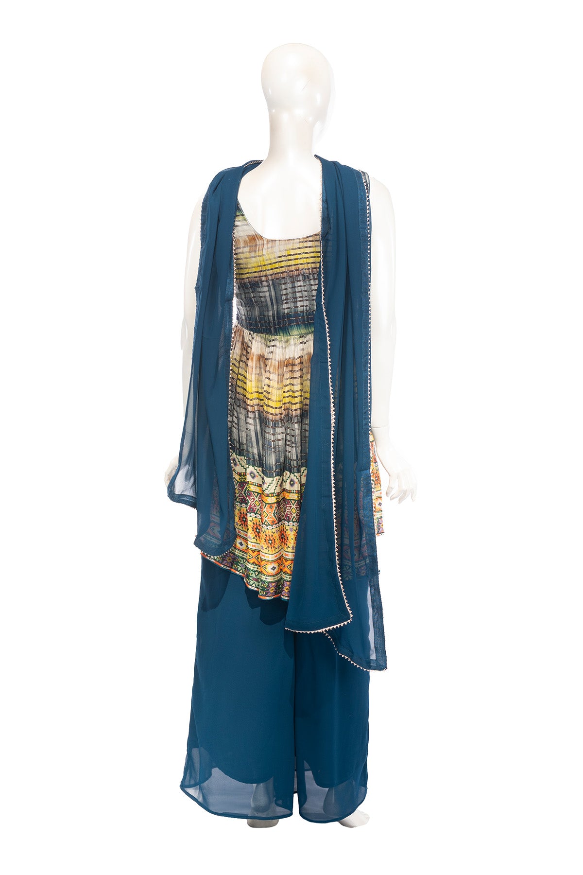 Silakaari Shehnaaz Teal Blue Mirror Front Panel Chinon Garara Set With Dupatta