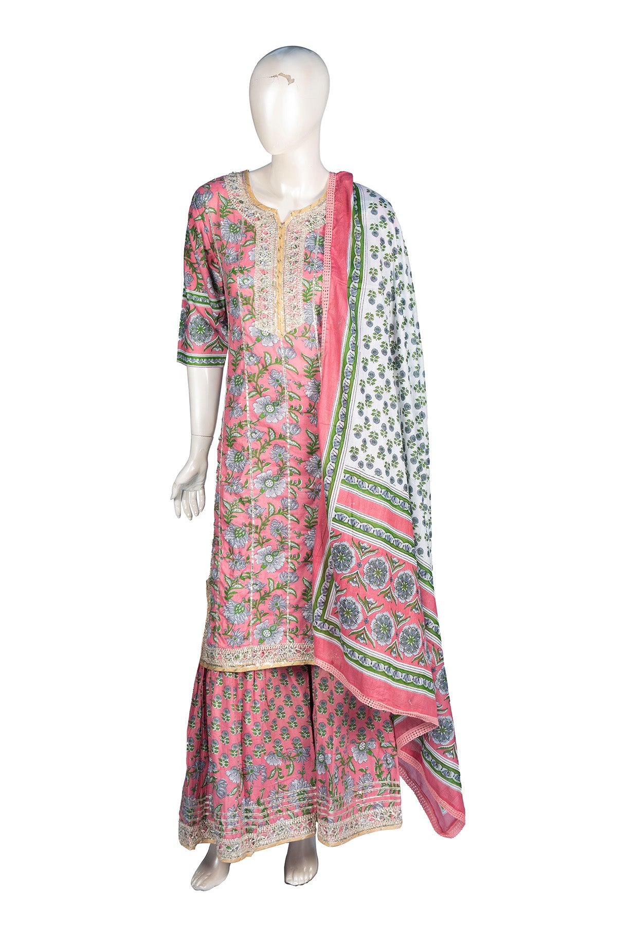 Silakaari Pink Dutch Floral Cotton Gota patti Hand block Short Kurti with Sharara Set