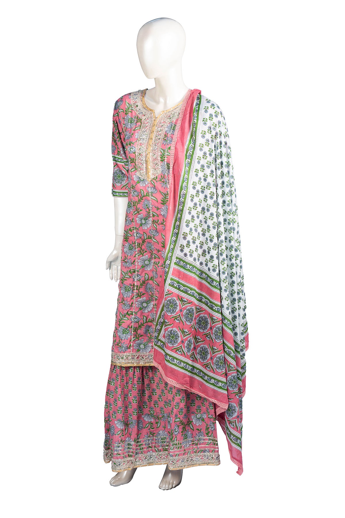 Silakaari Pink Dutch Floral Cotton Gota patti Hand block Short Kurti with Sharara Set