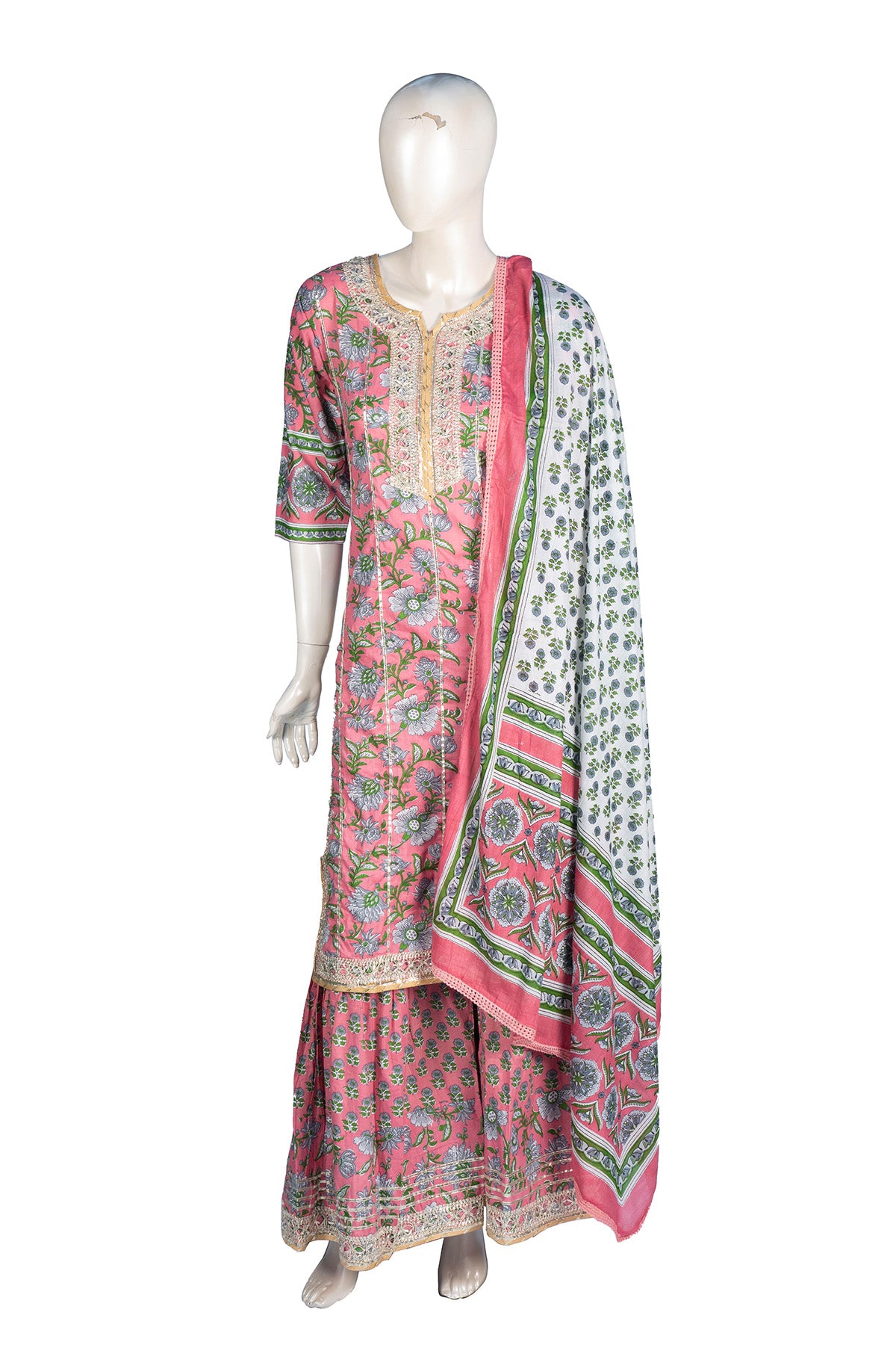 Silakaari Pink Dutch Floral Cotton Gota patti Hand block Short Kurti with Sharara Set