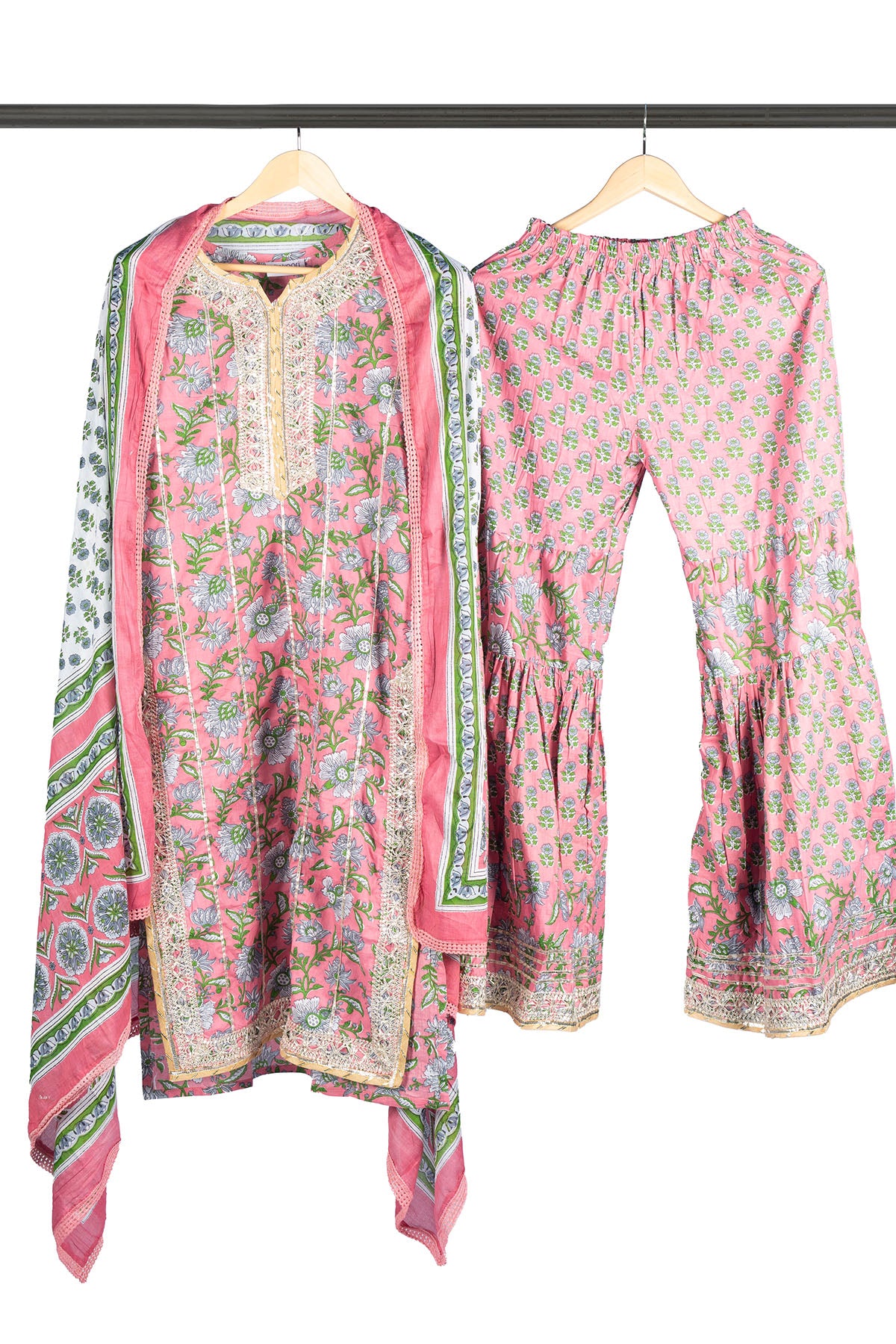 Silakaari Pink Dutch Floral Cotton Gota patti Hand block Short Kurti with Sharara Set