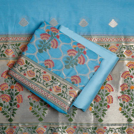 Silakaari Women's Blue Zari Work Designer Banarasi Unstitched Dress Material