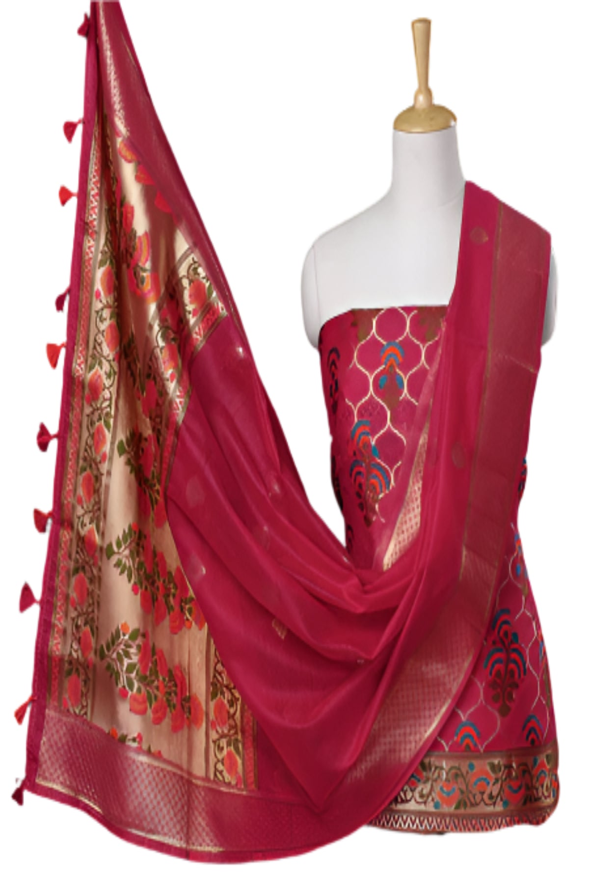 Silakaari Women's Maroon Zari Work Designer Banarasi Unstitched Dress Material