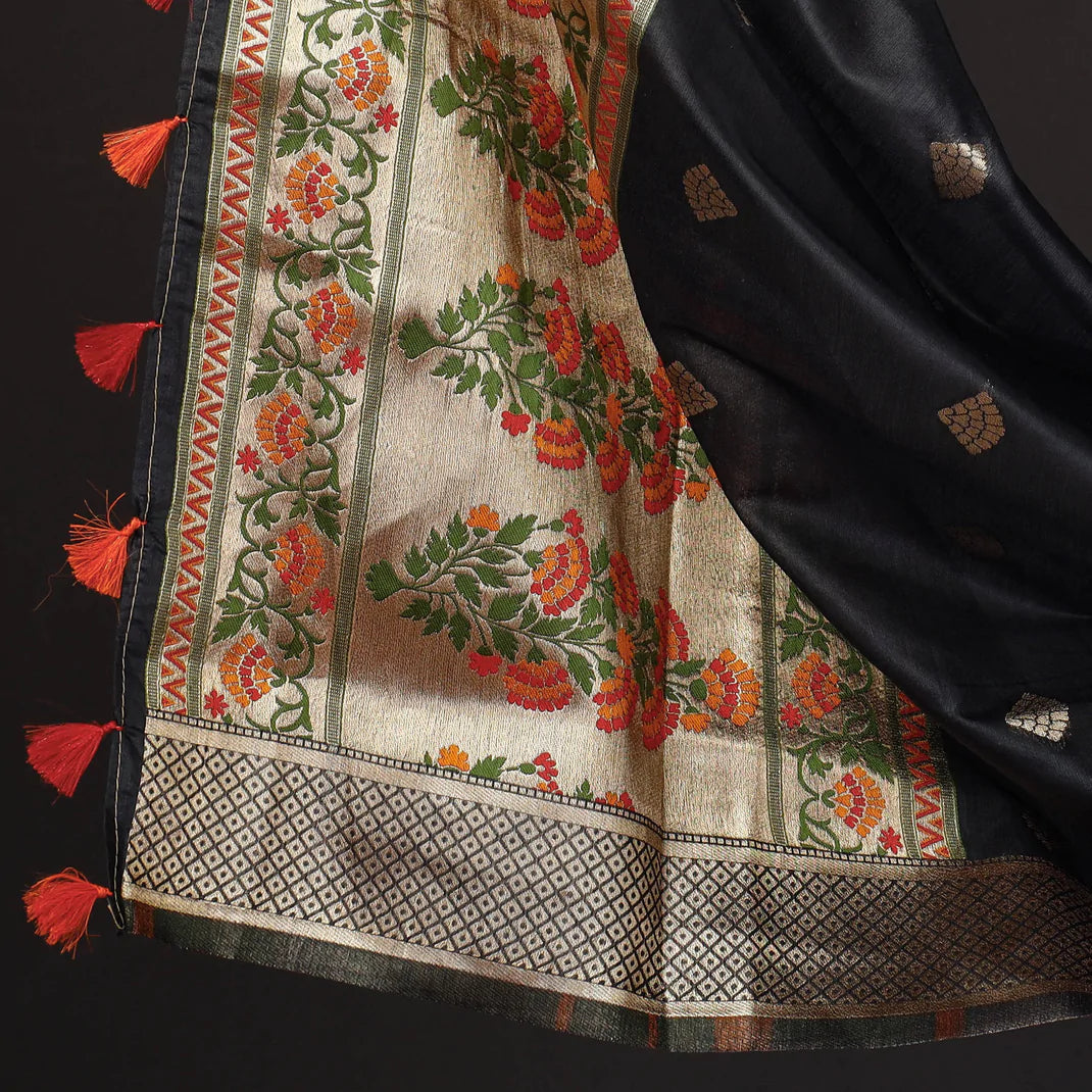 Silakaari Women's Black Zari Work Designer Banarasi Unstitched Dress Material