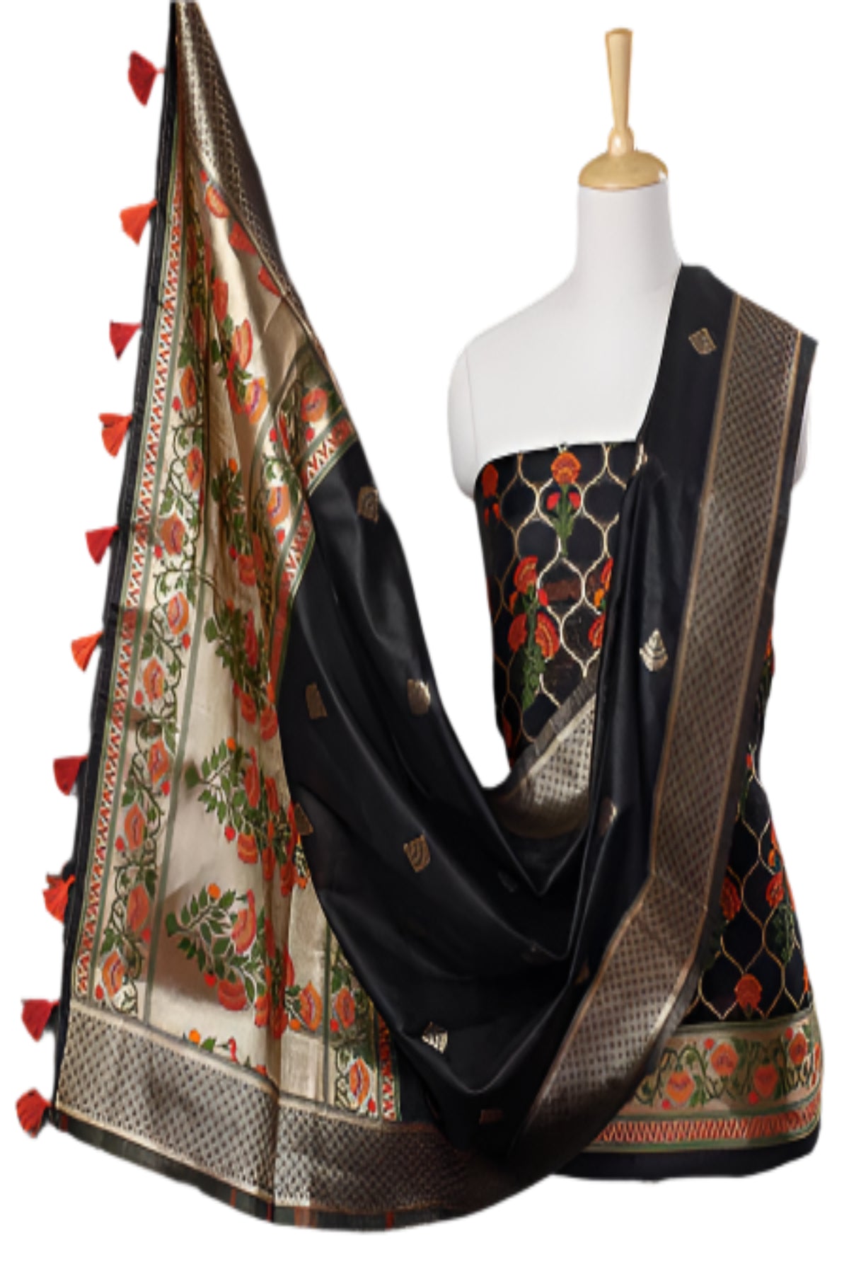 Silakaari Women's Black Zari Work Designer Banarasi Unstitched Dress Material