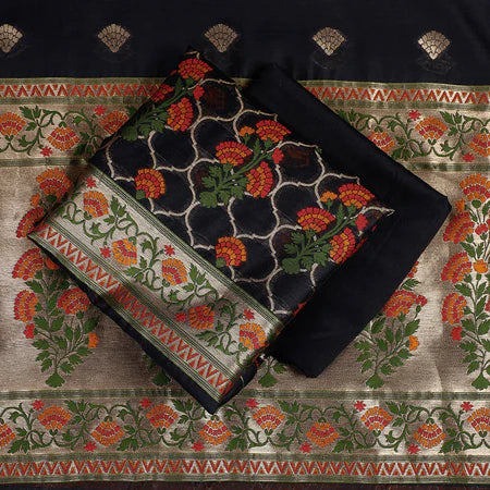 Silakaari Women's Black Zari Work Designer Banarasi Unstitched Dress Material