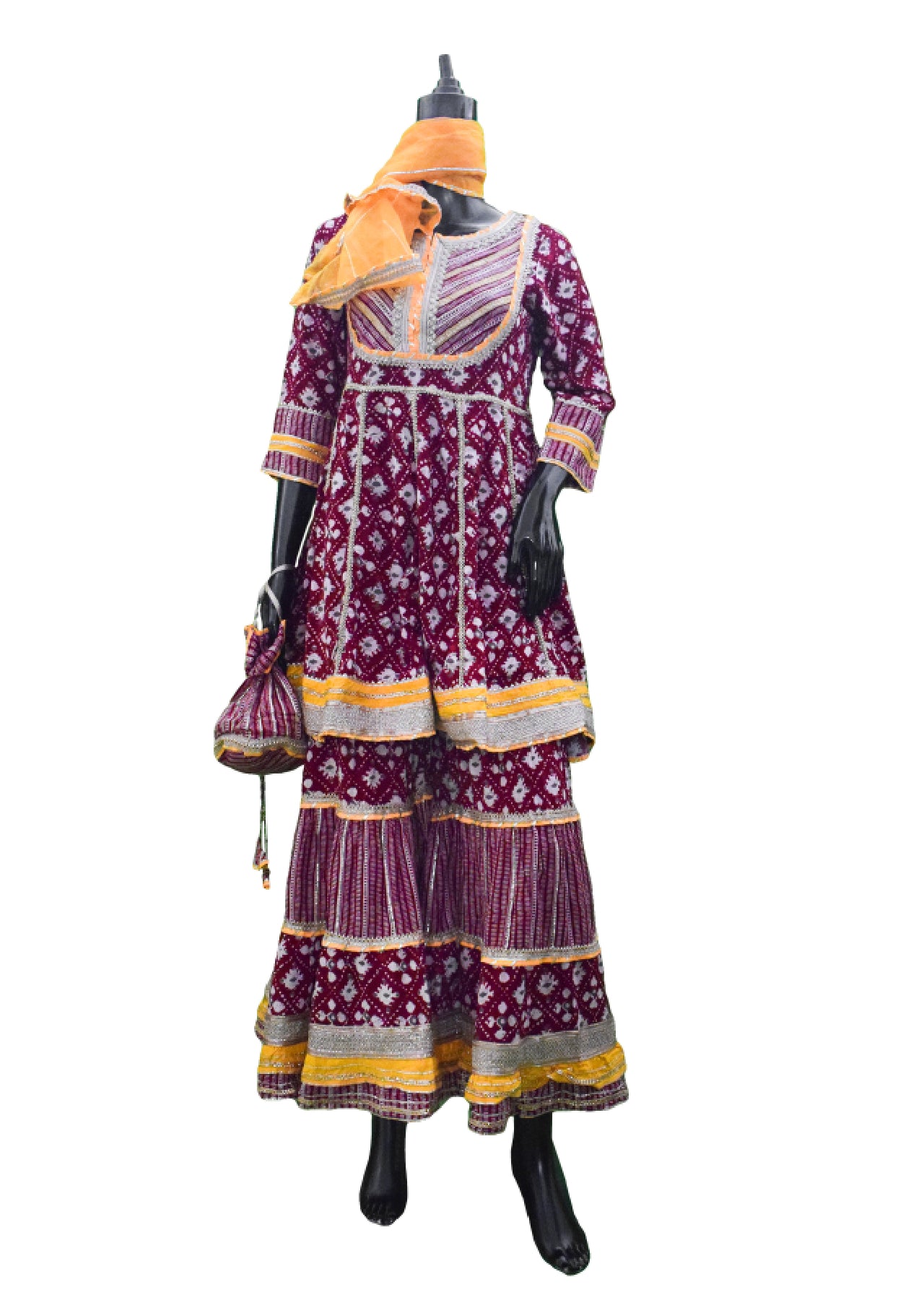 Silakaari Women's Maroon & Yellow Heavy Gotta Patti Full Garara Set With Potli