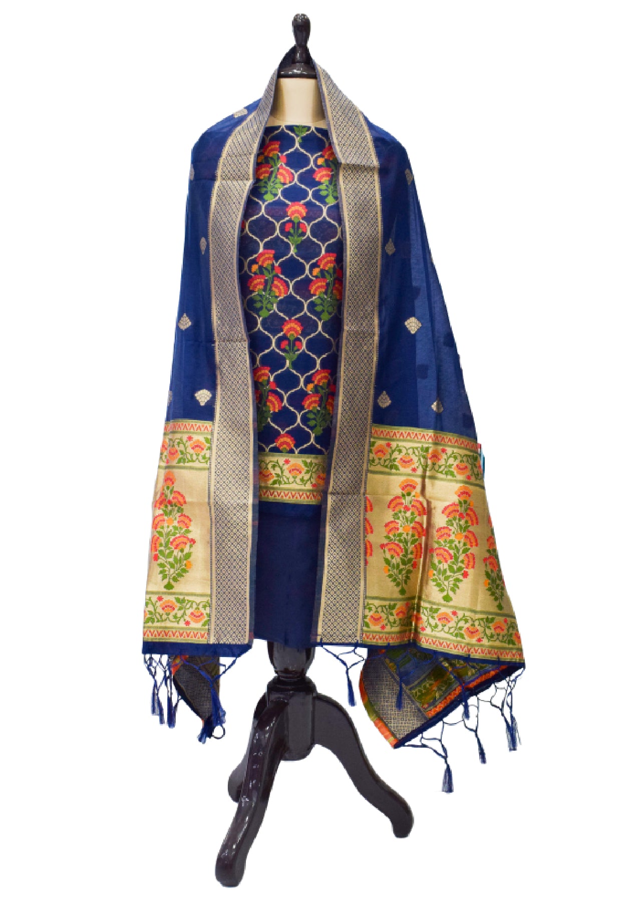 Silakaari Women's Navy Blue Zari Work Designer Banarasi Unstitched Dress Material