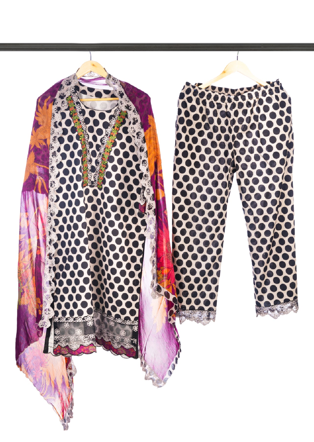 Silakaari Farhat Polka Dot Pure Lawn Beige-Black Pakistani Luxury Pakistani Ready-Made Dress