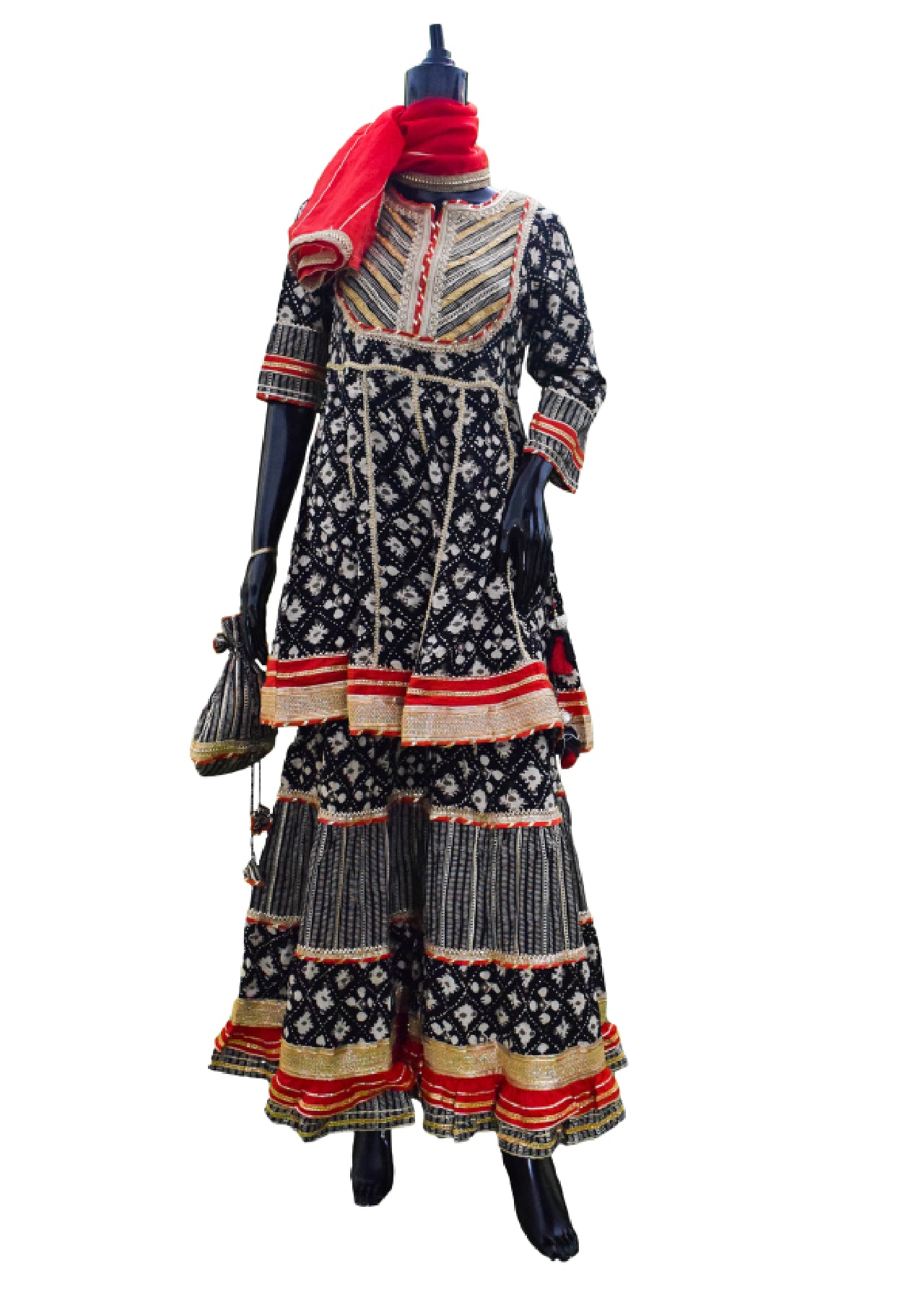 Silakaari Women's Black-Red Heavy Gota Patti Full Garara Set With Potli